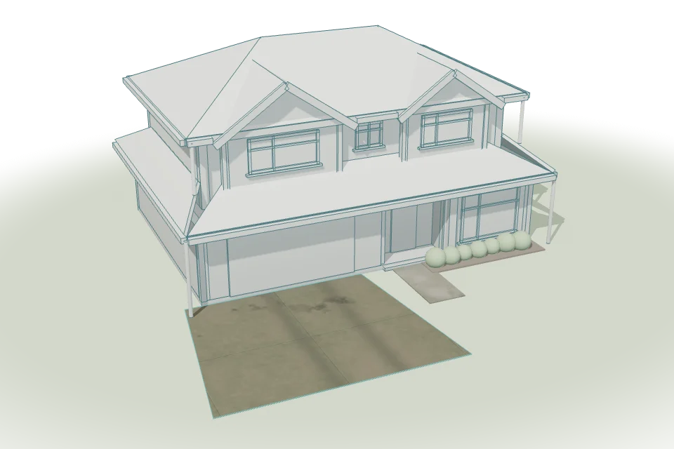 A model of a two-storey home, its driveway highlighted and the rest drawn in fine lines