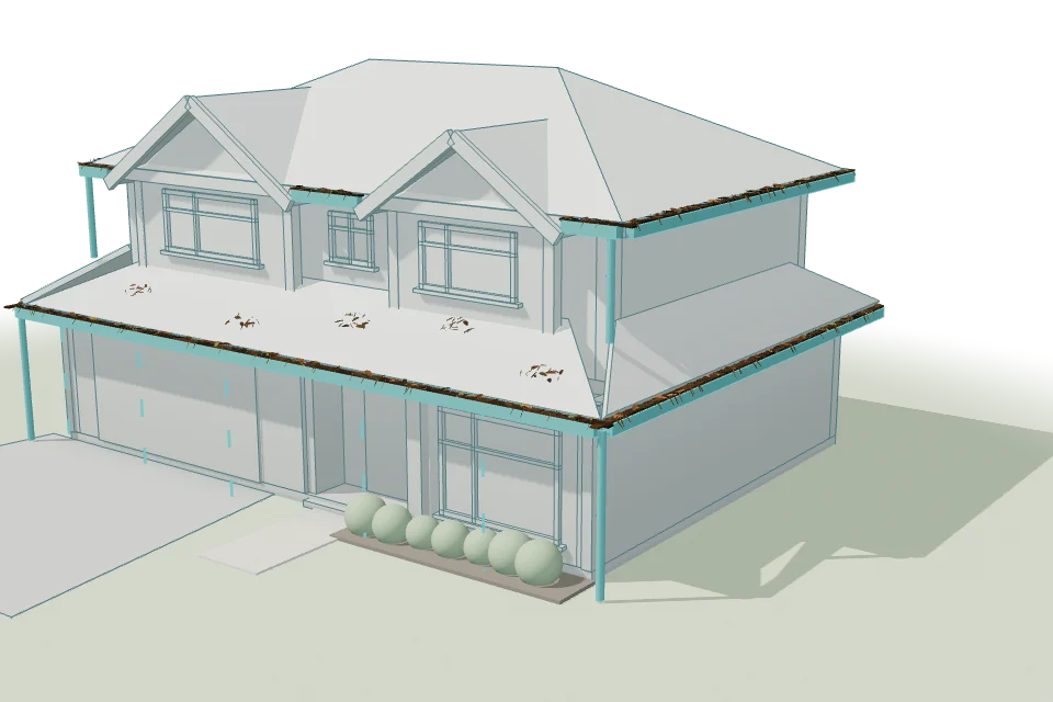 A model of a two-storey home, its gutters highlighted and the rest drawn in fine lines