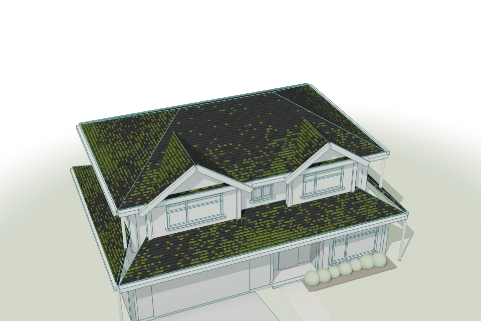 A model of a two-storey home, its roof highlighted and the rest drawn in fine lines