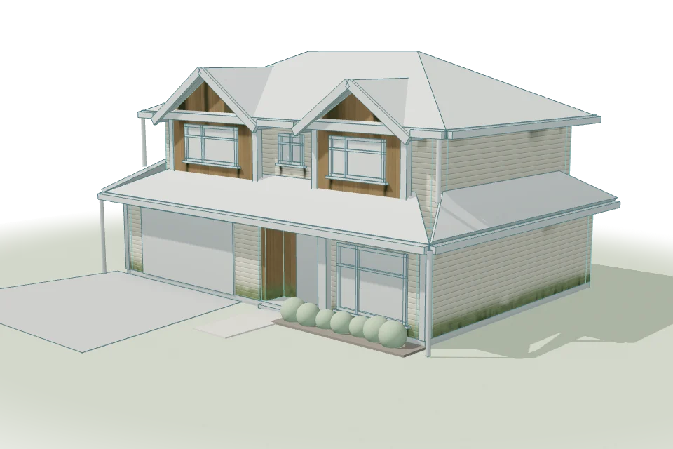 A model of a two-storey home, its siding highlighted and the rest drawn in fine lines