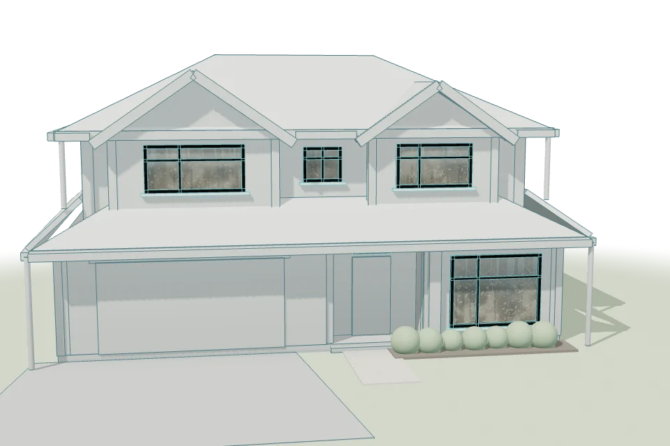 A model of a two-storey home, its windows highlighted and the rest drawn in fine lines